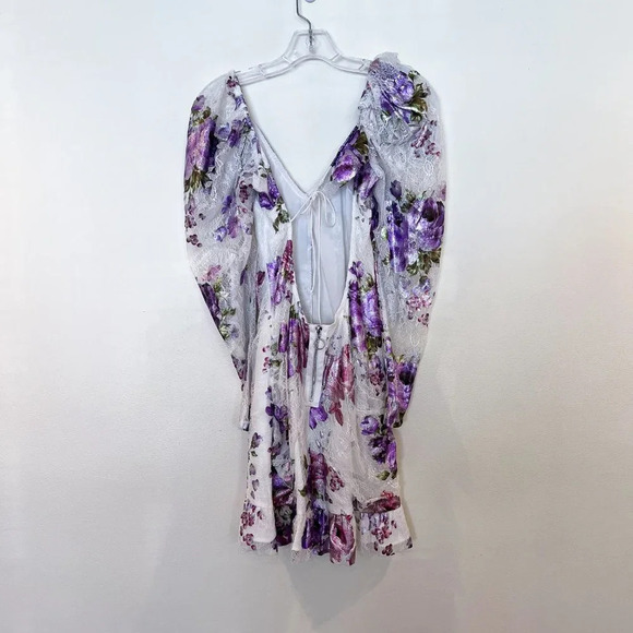 For Love & Lemons Purple Metallic Floral Lace Ruffle Cut Out Cocktail Mini Dress - Picture 11 of 13